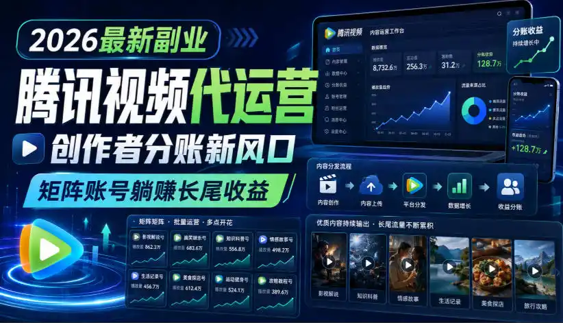 2026最新副业之腾讯视频代运营：创作者分账新风口，矩阵账号躺賺长尾收益【揭秘】云学当下-创业资源网-知予轻创网-资源整合-互联网创业课程云学当下