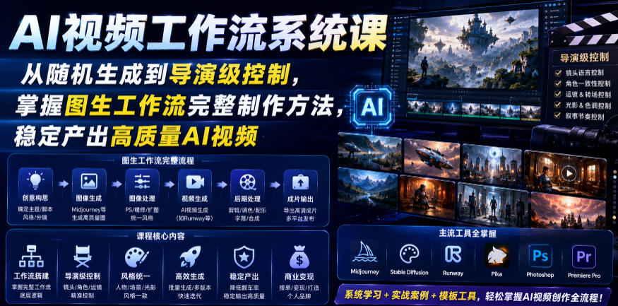 AI视频工作流系统课,从随机生成到导演级控制,掌握图生工作流完整制作方法,稳定产出高质量AI视频云学当下-创业资源网-知予轻创网-资源整合-互联网创业课程云学当下