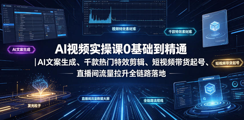 AI视频实操课0基础到精通｜AI文案生成、千款热门特效剪辑、短视频带货起号、直播间流量拉升全链路落地云学当下-创业资源网-知予轻创网-资源整合-互联网创业课程云学当下