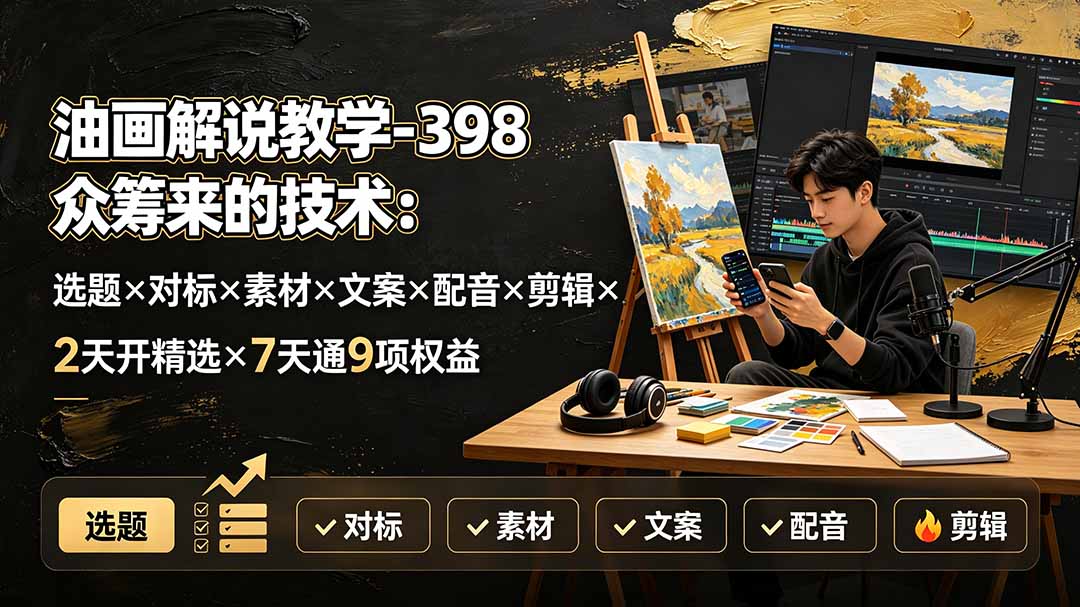 油画解说教学-398众筹来的技术：选题×对标×素材×文案×配音×剪辑×2天开精选×7天通9项权益云学当下-创业资源网-知予轻创网-资源整合-互联网创业课程云学当下