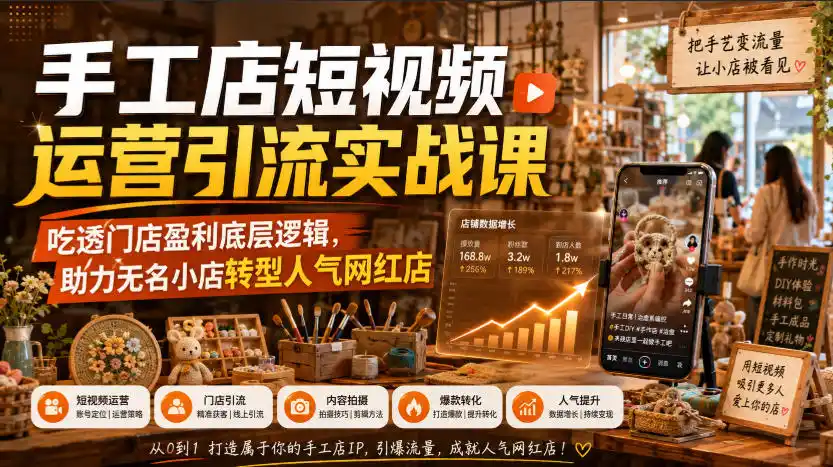 手工店短视频运营引流实战课,吃透门店盈利底层逻辑,助力无名小店转型人气网红店云学当下-创业资源网-知予轻创网-资源整合-互联网创业课程云学当下