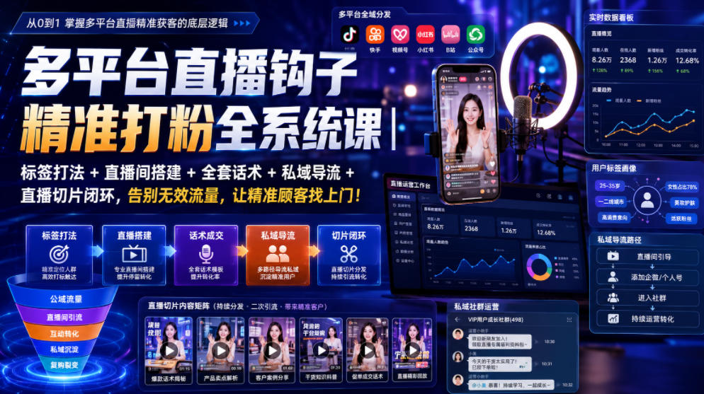 多平台直播钩子精准打粉全系统课｜标签打法+直播间搭建+全套话术+私域导流+直播切片闭环，告别无效流量，让精准顾客找上门！云学当下-创业资源网-知予轻创网-资源整合-互联网创业课程云学当下