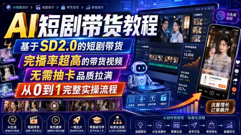 AI短剧带货教程，基于SD2.0的短剧带货，完播率超高的带货视频，无需抽卡品质拉满，从0到1完整实操流程云学当下-创业资源网-知予轻创网-资源整合-互联网创业课程云学当下