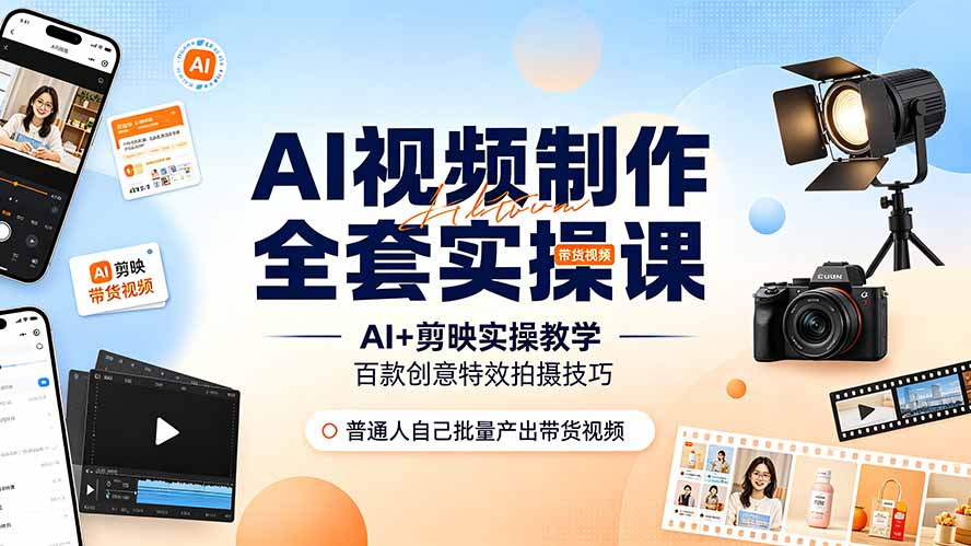 AI视频制作全套实操课，多款AI工具搭配剪映教学，百种特效运镜拍摄实操，抖音账号带货运营全覆盖云学当下-创业资源网-知予轻创网-资源整合-互联网创业课程云学当下