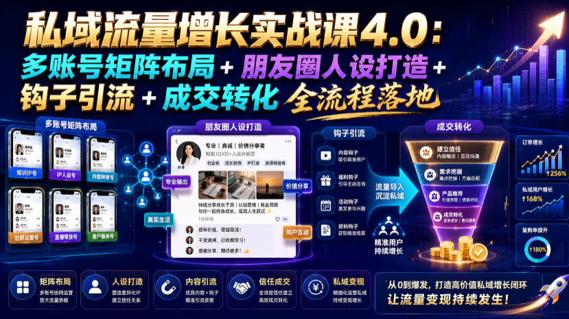 私域流量增长实战课4.0：多账号矩阵布局+朋友圈人设打造+钩子引流+成交转化全流程落地云学当下-创业资源网-知予轻创网-资源整合-互联网创业课程云学当下