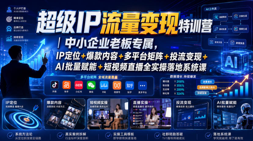 超级IP流量变现特训营｜中小企业老板专属，IP定位+爆款内容+多平台矩阵+投流变现+AI批量赋能+短视频直播全实操落地系统课云学当下-创业资源网-知予轻创网-资源整合-互联网创业课程云学当下