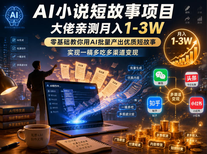 AI小说短故事项目,大佬亲测月入1-3W,零基础教你用AI批量产出优质短故事,实现一稿多吃多渠道变现云学当下-创业资源网-知予轻创网-资源整合-互联网创业课程云学当下