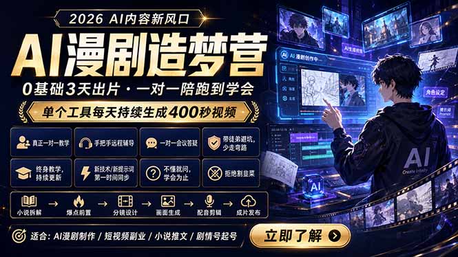 AI漫剧造梦营：0基础3天出片，单个工具每天持续生成400秒视频云学当下-创业资源网-知予轻创网-资源整合-互联网创业课程云学当下