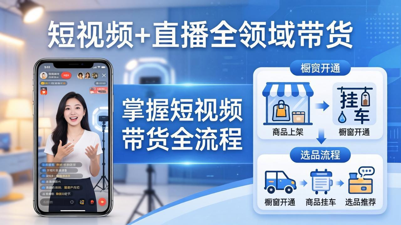 短视频+直播全领域带货-更新：掌握橱窗开通、挂车、选品、爆款文案改编等短视频带货全流程-云学当下