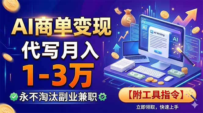 AI商单变现，靠代写月入1-3万，永不淘汰副业兼职【附工具指令】云学当下-创业资源网-知予轻创网-资源整合-互联网创业课程云学当下