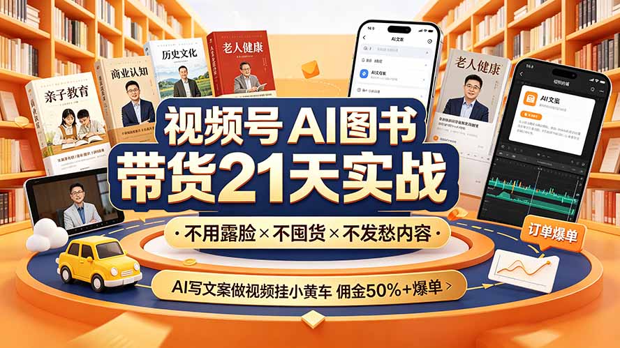 视频号AI图书带货21天实战：不用露脸×不囤货×不发愁内容，AI写文案做视频挂小黄车，佣金50%+爆单云学当下-创业资源网-知予轻创网-资源整合-互联网创业课程云学当下