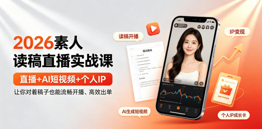 2026素人读稿直播实战课|直播+AI短视频+个人IP,让你对着稿子也能流畅开播、高效出单云学当下-创业资源网-知予轻创网-资源整合-互联网创业课程云学当下