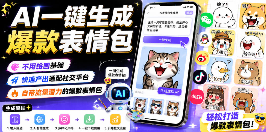AI一键生成爆款表情包，不用绘画基础，快速产出适配社交平台，自带流量潜力的爆款表情包云学当下-创业资源网-知予轻创网-资源整合-互联网创业课程云学当下