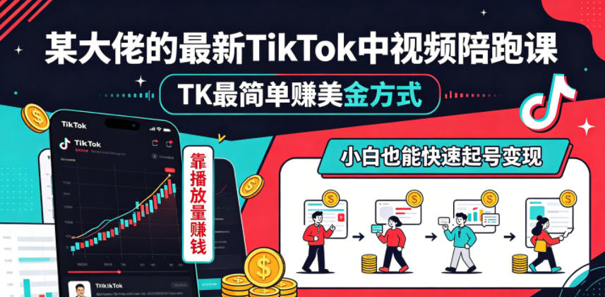 某大佬的最新TikTok中视频陪跑课，TK最简单賺美金方式，靠播放量賺钱，小白也能快速起号变现云学当下-创业资源网-知予轻创网-资源整合-互联网创业课程云学当下