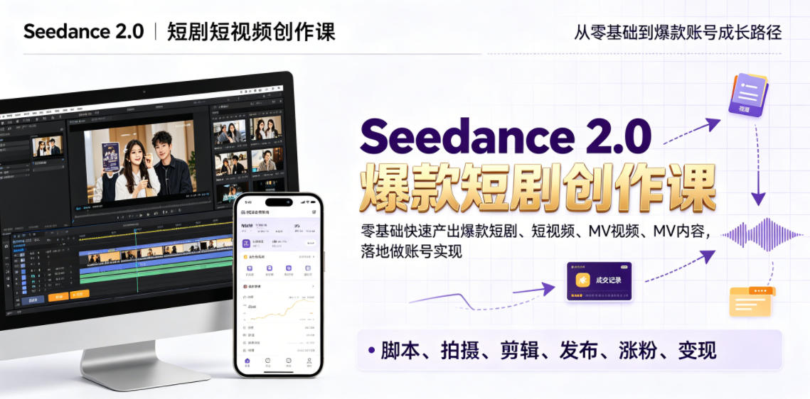 Seedance 2.0短剧短视频创作课,零基础快速产出爆款短剧、短视频、MV内容,落地做账号实现变现云学当下-创业资源网-知予轻创网-资源整合-互联网创业课程云学当下