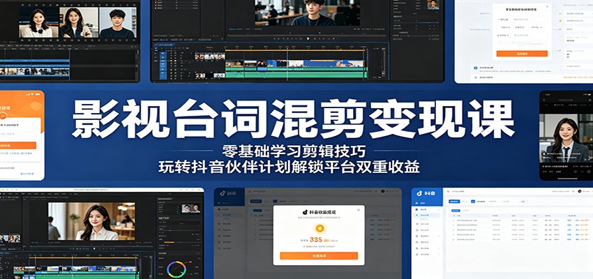 影视台词混剪变现课：零基础学习剪辑技巧，玩转抖音伙伴计划解锁平台双重收益云学当下-创业资源网-知予轻创网-资源整合-互联网创业课程云学当下