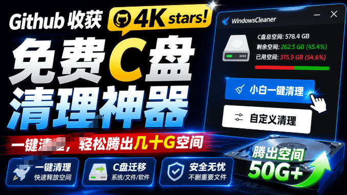 Github收获4K stars!免费C盘清理神器,轻松腾出几十G空间,支持C盘迁移Windows Cleaner云学当下-创业资源网-知予轻创网-资源整合-互联网创业课程云学当下