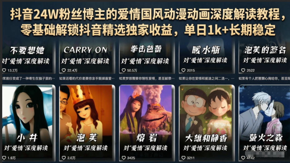 抖音24W粉丝博主的爱情国风动漫动画深度解读教程,零基础解锁抖音精选独家收益,单日1k+长期稳定云学当下-创业资源网-知予轻创网-资源整合-互联网创业课程云学当下