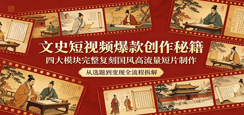 文史短视频爆款创作秘籍：四大模块完整复刻国风高流量短片制作云学当下-创业资源网-知予轻创网-资源整合-互联网创业课程云学当下