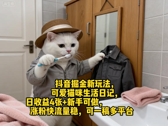 抖音掘金新玩法，可爱猫咪生活日记，日收益4张+新手可做，涨粉快流量稳，可一稿多平台-云学当下
