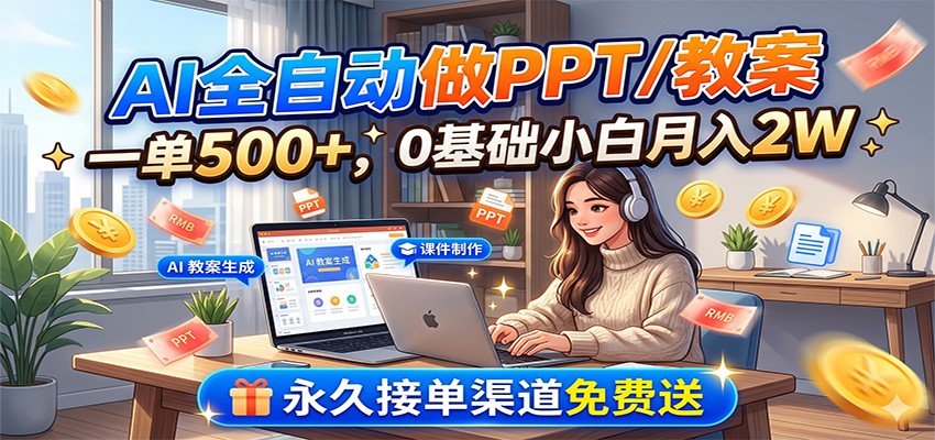 AI全自动做PPT/教案，一单500+，0基础小白月入2W，永久接单渠道免费送云学当下-创业资源网-知予轻创网-资源整合-互联网创业课程云学当下