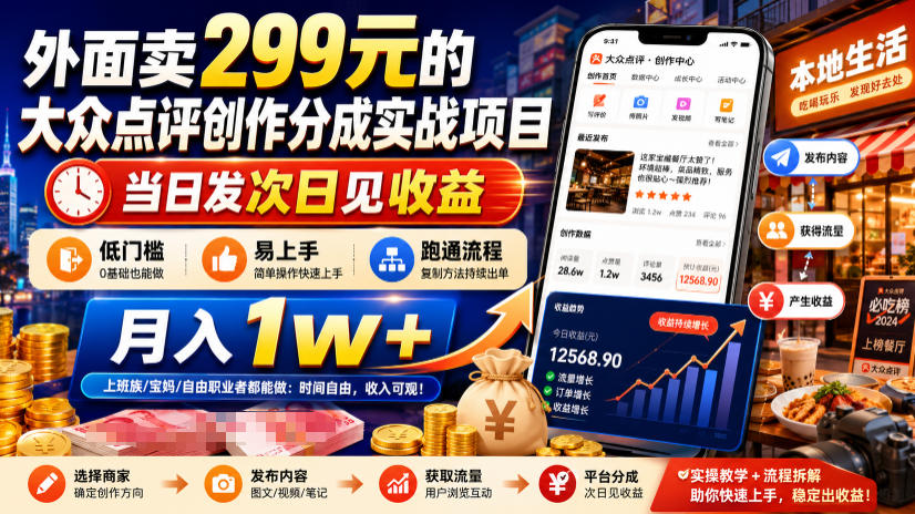 外面卖299元的大众点评创作分成实战项目，当日发次日见收益，低门槛易上手，跑通流程月入1w+云学当下-创业资源网-知予轻创网-资源整合-互联网创业课程云学当下