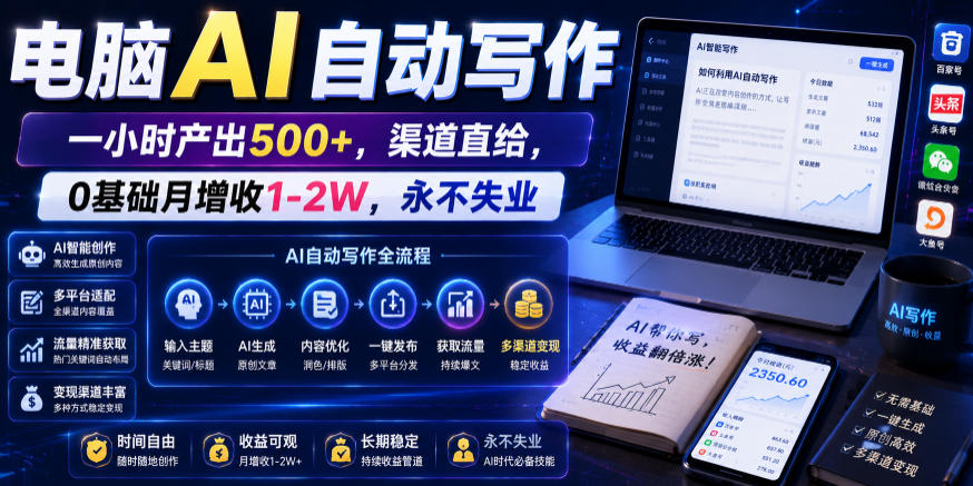 电脑AI自动写作,一小时产出500+,渠道直给,0基础月增收1-2W,永不失业【揭秘】云学当下-创业资源网-知予轻创网-资源整合-互联网创业课程云学当下