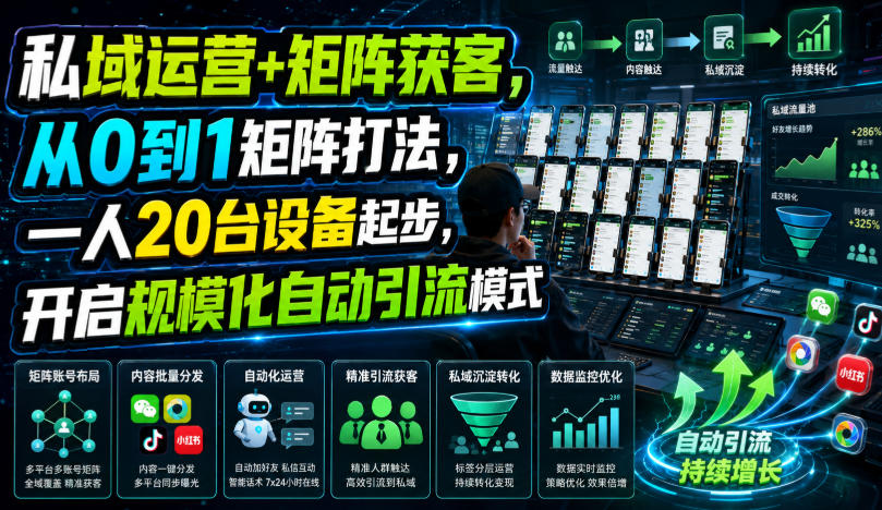 私域运营+矩阵获客,从0到1矩阵打法,一人20台设备起步,开启规模化自动引流模式!云学当下-创业资源网-知予轻创网-资源整合-互联网创业课程云学当下