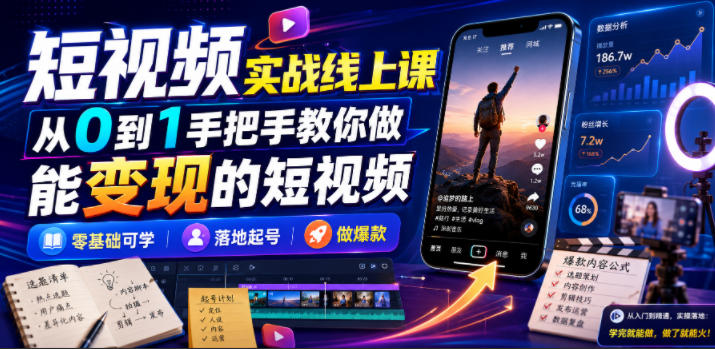 短视频实战线上课，从0到1手把手教你做能变现的短视频，零基础可学，落地起号做爆款云学当下-创业资源网-知予轻创网-资源整合-互联网创业课程云学当下