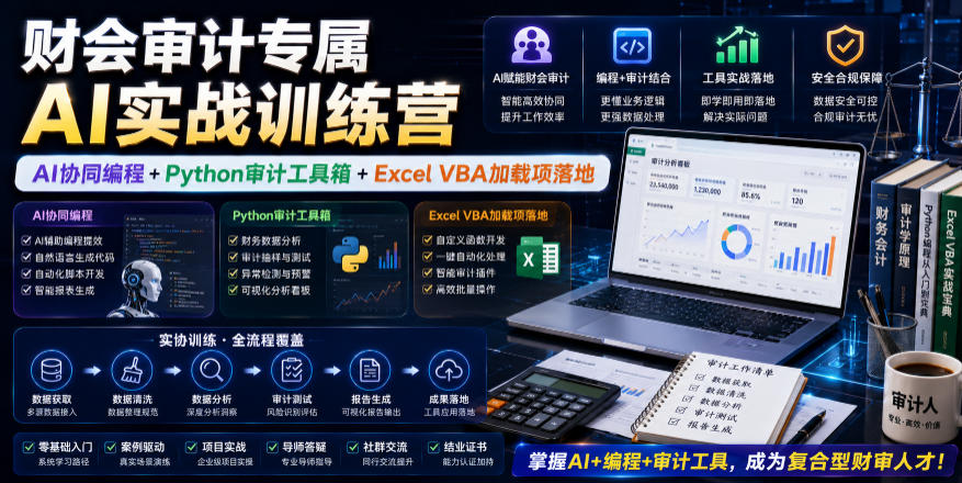 财会审计专属AI实战训练营|AI协同编程+Python审计工具箱+Excel VBA加载项落地云学当下-创业资源网-知予轻创网-资源整合-互联网创业课程云学当下