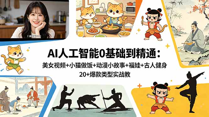 AI人工智能0基础到精通：美女视频+小猫做饭+动漫小故事+福娃+古人健身，20+爆款类型实战教学云学当下-创业资源网-知予轻创网-资源整合-互联网创业课程云学当下