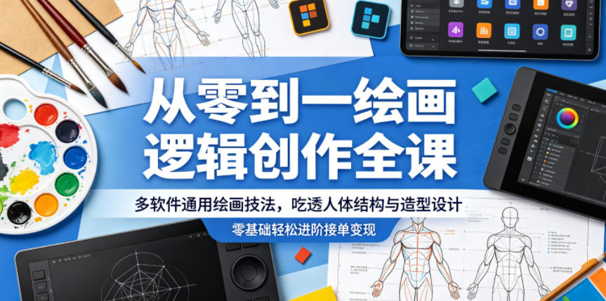 从零到一绘画逻辑创作全课，多软件通用绘画技法，吃透人体结构与造型设计，零基础轻松进阶接单变现云学当下-创业资源网-知予轻创网-资源整合-互联网创业课程云学当下