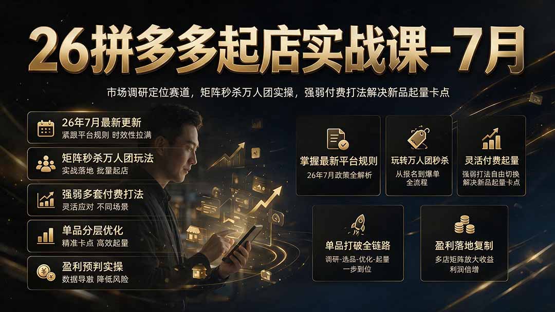 26拼多多起店实战课-7月｜市场调研定位赛道，矩阵秒杀万人团实操，强弱付费打法解决新品起量卡点云学当下-创业资源网-知予轻创网-资源整合-互联网创业课程云学当下