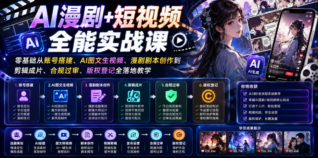 AI漫剧+短视频全能实战课｜零基础从账号搭建、AI图文生视频、漫剧剧本创作到剪辑成片、合规过审、版权登记全落地教学云学当下-创业资源网-知予轻创网-资源整合-互联网创业课程云学当下