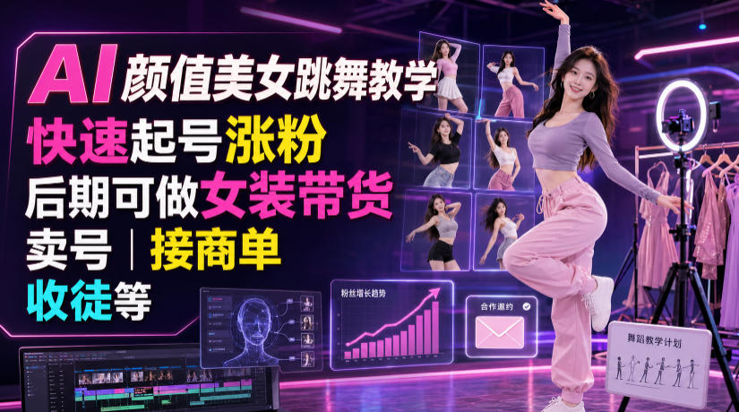AI颜值美女跳舞教学，快速起号涨粉，后期可做女装带货，卖号，接商单，收徒等云学当下-创业资源网-知予轻创网-资源整合-互联网创业课程云学当下