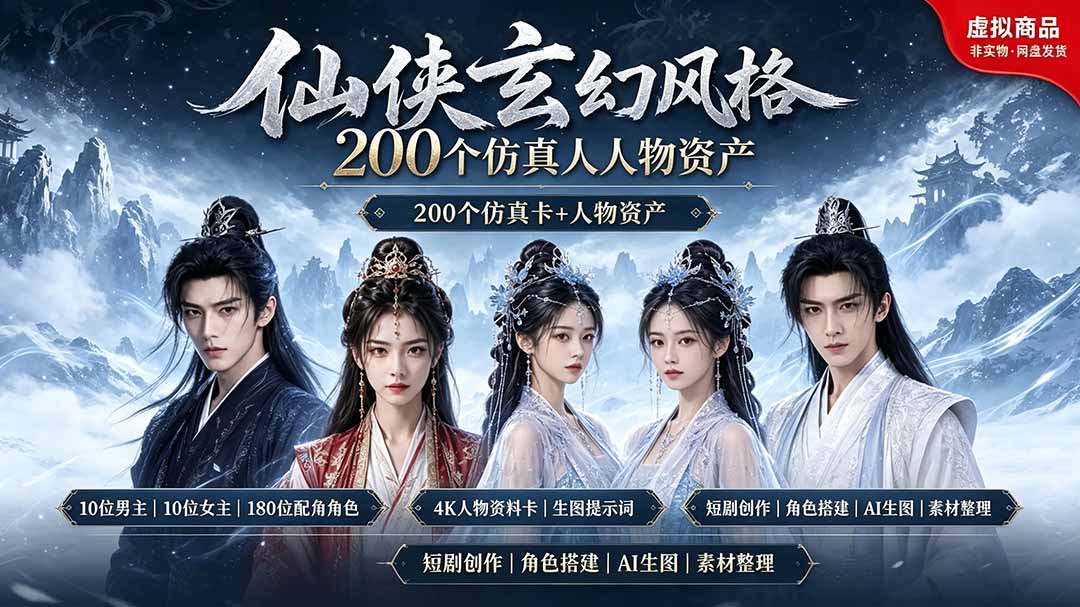 200个仙侠玄幻仿真人素材◆10男主×10女主×180配角，4K资料卡+AI生图提示词，漫剧必备云学当下-创业资源网-知予轻创网-资源整合-互联网创业课程云学当下