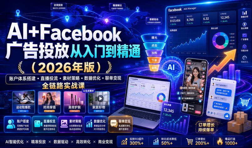 AI+Facebook广告投放从入门到精通(2026年版)｜账户体系搭建・直播投流・素材策略・数据优化・聊单变现全链路实战课云学当下-创业资源网-知予轻创网-资源整合-互联网创业课程云学当下