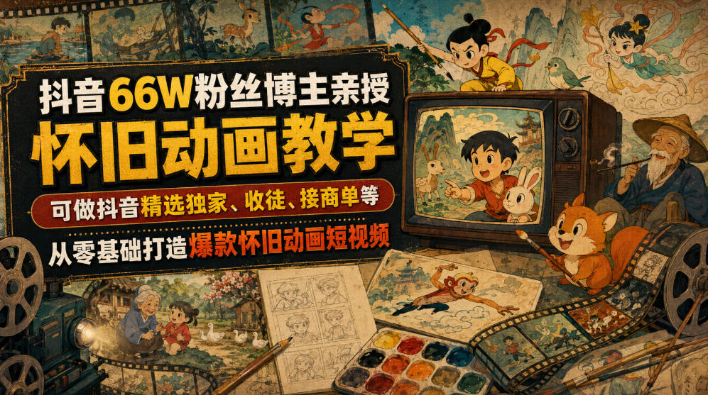 抖音66W粉丝博主亲授怀旧动画教学，可做抖音精选独家、收徒、接商单等，从零基础打造爆款怀旧动画短视频云学当下-创业资源网-知予轻创网-资源整合-互联网创业课程云学当下