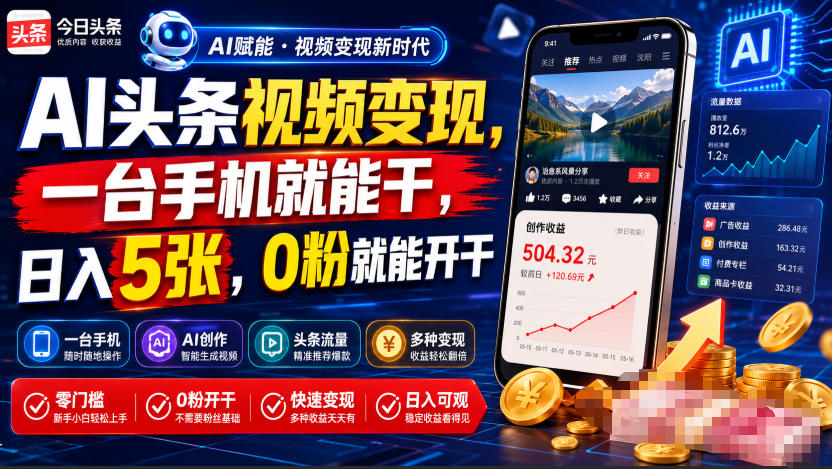 AI头条视频变现,一台手机就能干,日入5张,0粉就能开干云学当下-创业资源网-知予轻创网-资源整合-互联网创业课程云学当下