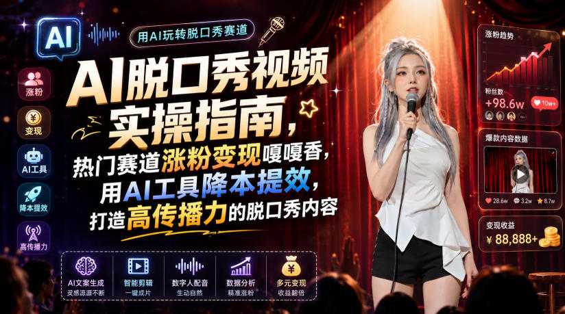 AI脱口秀视频实操指南,热门赛道涨粉变现嘎嘎香,用AI工具降本提效,打造高传播力的脱口秀内容云学当下-创业资源网-知予轻创网-资源整合-互联网创业课程云学当下