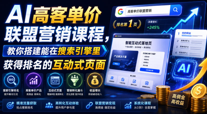 AI高客单价联盟营销课程，教你搭建能在搜索引擎里获得排名的互动式页面，引来流量，把访客转化为高佣金的成交【原创双语字幕】云学当下-创业资源网-知予轻创网-资源整合-互联网创业课程云学当下
