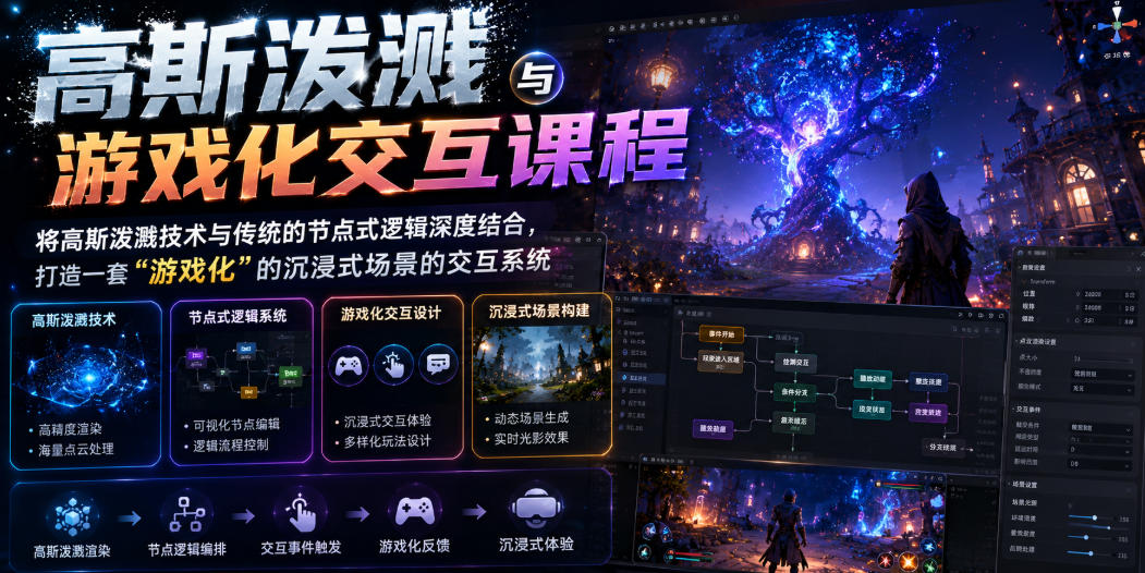 高斯泼溅与游戏化交互课程，将高斯泼溅技术与传统的节点式逻辑深度结合，打造一套“游戏化”的沉浸式场景的交互系统云学当下-创业资源网-知予轻创网-资源整合-互联网创业课程云学当下