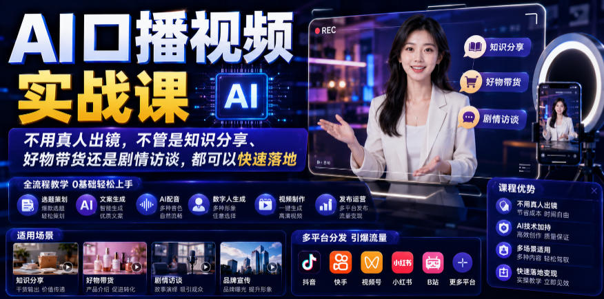 AI口播视频实战课，不用真人出镜，不管是知识分享、好物带货还是剧情访谈，都可以快速落地云学当下-创业资源网-知予轻创网-资源整合-互联网创业课程云学当下