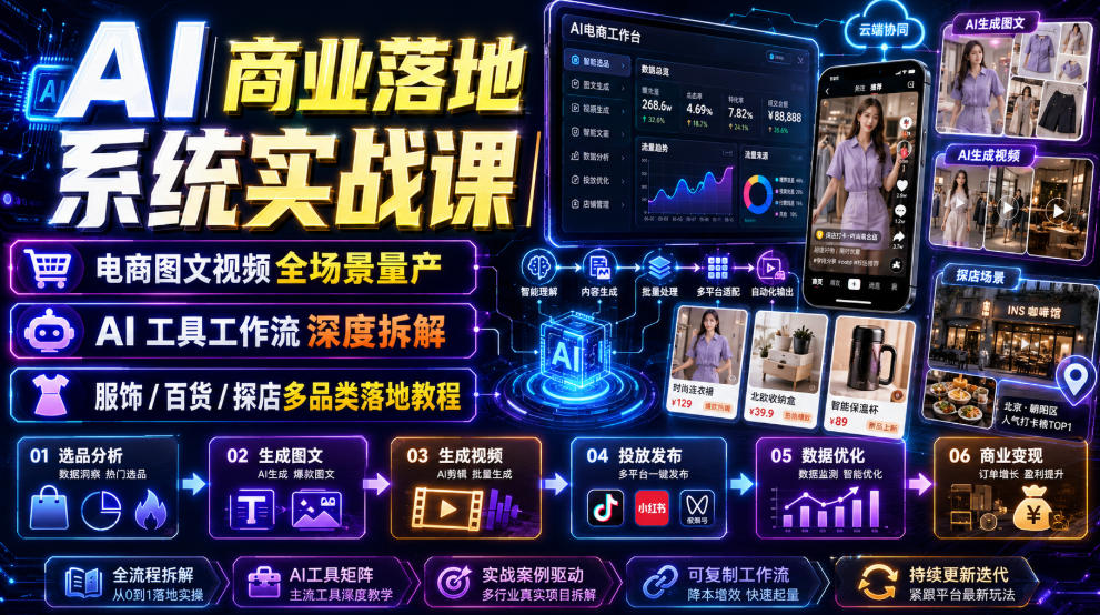 AI商业落地系统实战课｜电商图文视频全场景量产・AI工具工作流深度拆解・服饰/百货/探店多品类落地教程云学当下-创业资源网-知予轻创网-资源整合-互联网创业课程云学当下