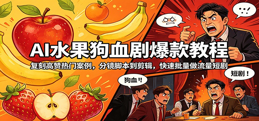 AI水果狗血剧爆款教程：复刻高赞热门案例，分镜脚本到剪辑，快速批量做流量短剧云学当下-创业资源网-知予轻创网-资源整合-互联网创业课程云学当下