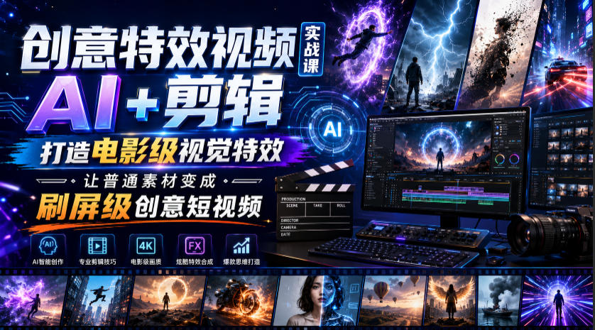 创意特效视频实战课，AI+剪辑打造电影级视觉特效，让普通素材变成刷屏级创意短视频云学当下-创业资源网-知予轻创网-资源整合-互联网创业课程云学当下