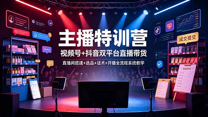 主播特训营：视频号+抖音双平台直播带货，直播间搭建+选品+话术+开播全流程系统教学云学当下-创业资源网-知予轻创网-资源整合-互联网创业课程云学当下