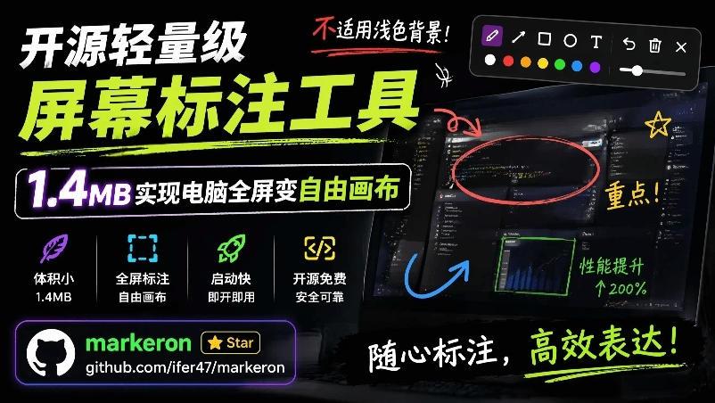 开源轻量级屏幕标注工具,1.4MB实现电脑全屏变自由画布!支持8种标注工具和全键盘操控MarkerOn云学当下-创业资源网-知予轻创网-资源整合-互联网创业课程云学当下