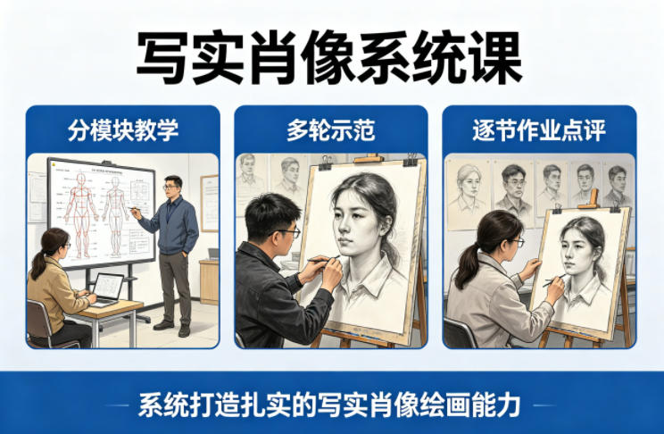 写实肖像系统课，全程分模块教学+多轮示范+逐节作业点评，系统打造扎实的写实肖像绘画能力云学当下-创业资源网-知予轻创网-资源整合-互联网创业课程云学当下