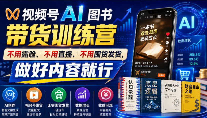 视频号AI图书带货训练营,不用露脸、不用直播、不用囤货发货,做好内容就行,一条爆款视频佣金8942云学当下-创业资源网-知予轻创网-资源整合-互联网创业课程云学当下